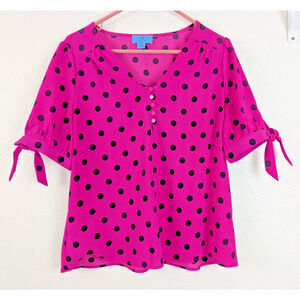 CeCe sz M Polka Dot Puff Sleeve Top or Blouse pink n black tie sleeves 0746